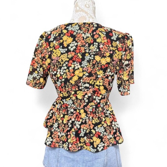 Madewell Black Floral Wrap Blouse Women's XXS Tie Waist Peplum Cottagecore Top - Picture 5 of 7